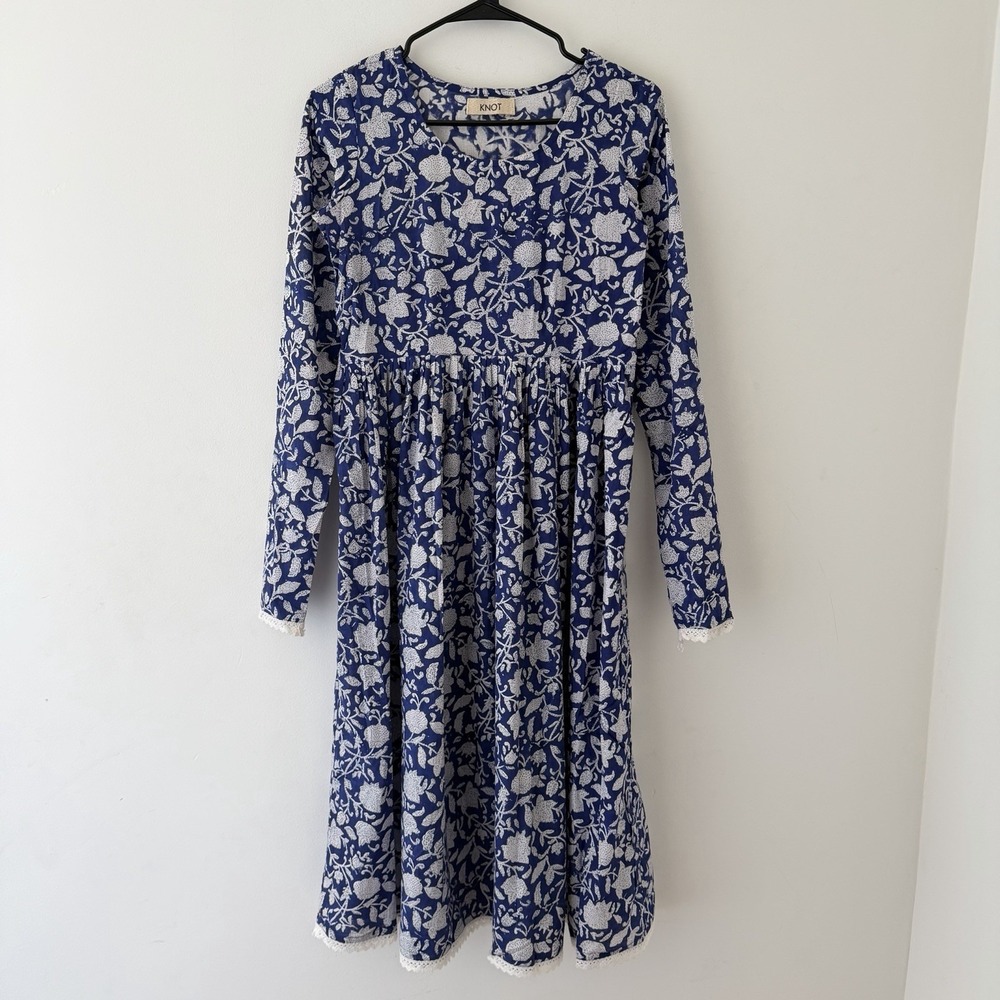 Blue White Floral Prairie Dress  Cottagecore‎ M Cotton Long Sleeve Lace Trim